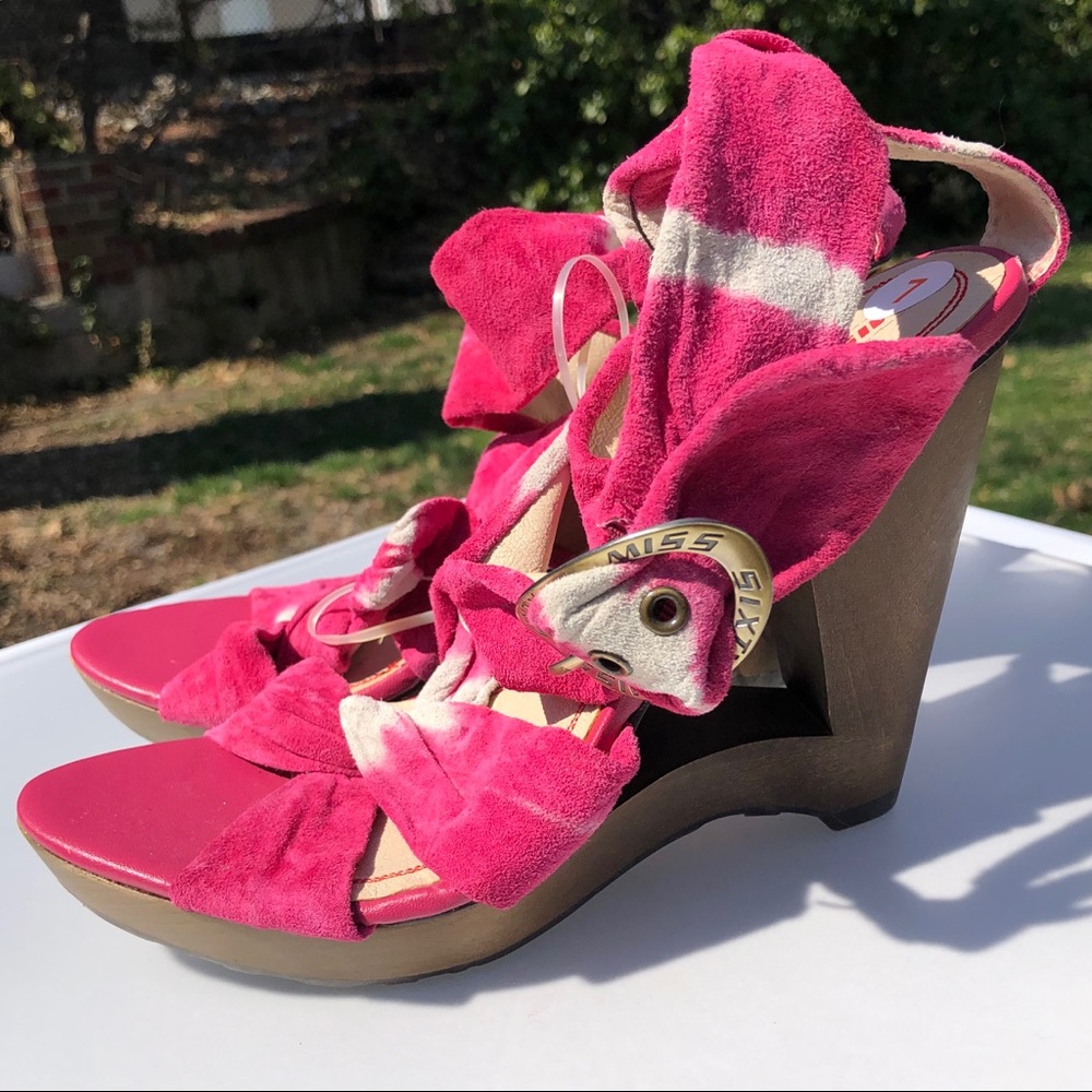 Miss Sixty Pink Suede Wood Platform Wedge Strappy Heels Sandals Y2K Vintage New